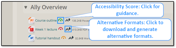 Staff will see a fuel gauge icon, which indicates the accessibility of a file, which, if clicked, will open up Ally's accessibility guidance. Staff will also see a download arrow icon, which, if clicked, will open up a menu of alternative formats.