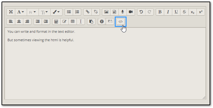 Moodle text editor with HTML button highlighted