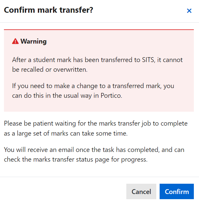 Screenshot of marks transfer warning box