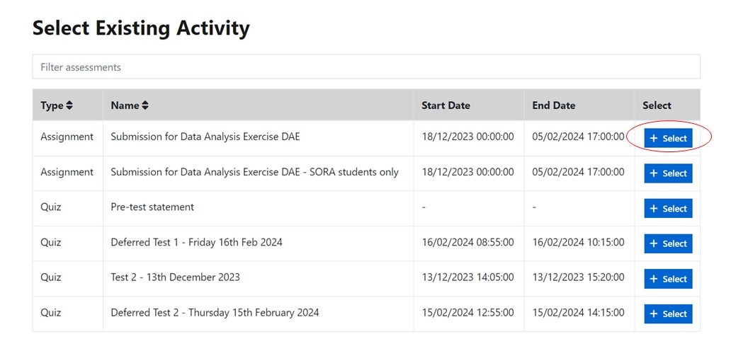 Screen shot of Select Existing Activity Page