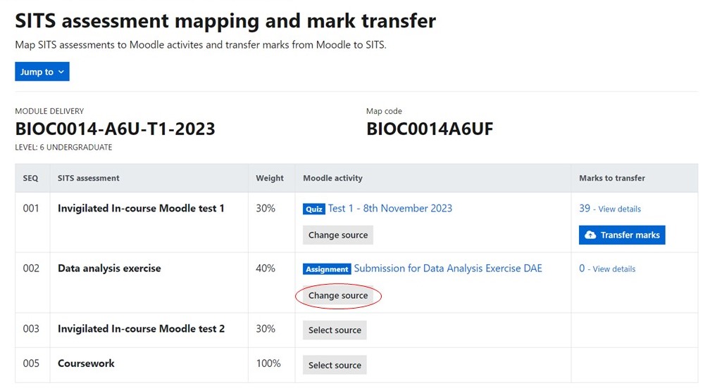 Screen shot of Change source link in the Marks Transfer Wizard.