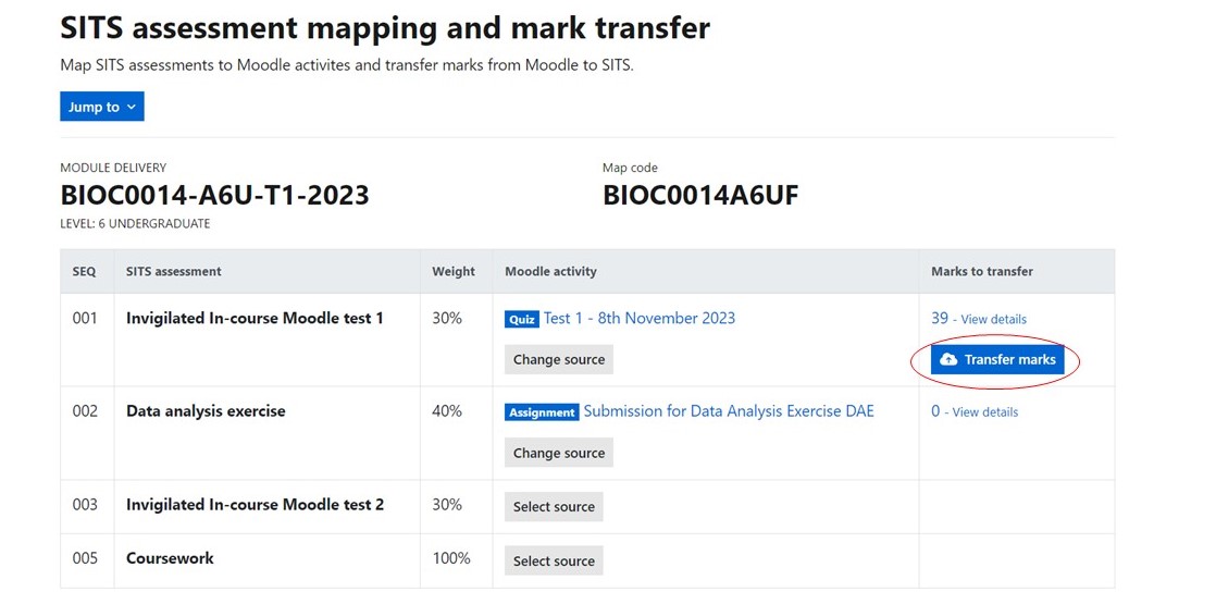 Screen shot of Transfer marks button in Marks Transfer Wizard.