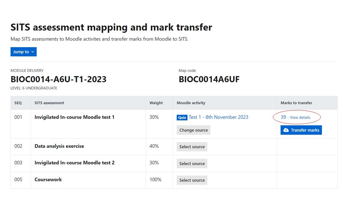 Screen shot of link in marks to transfer column to view details in status page.