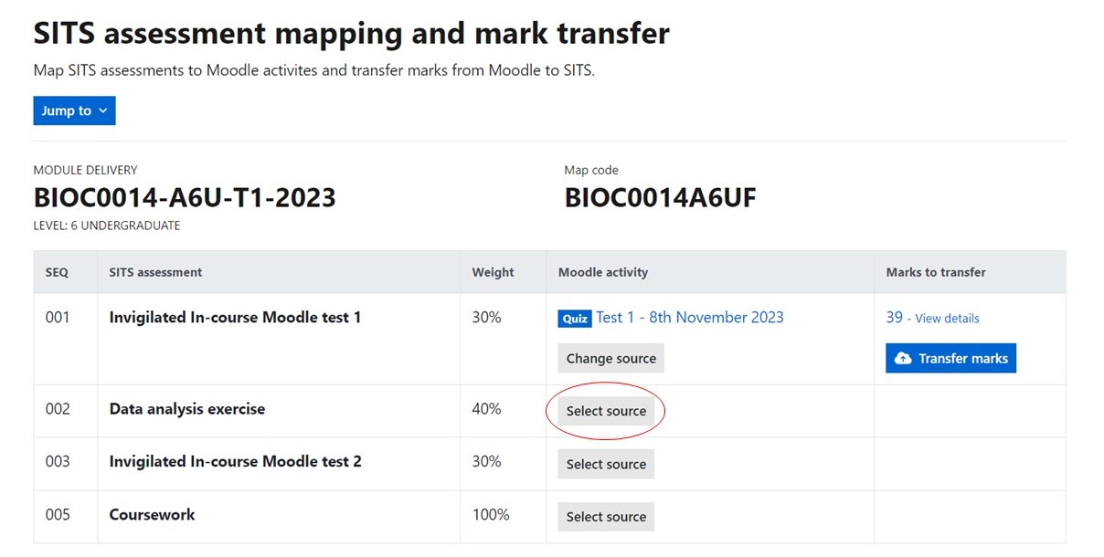 Screen shot of select source for an example module delivery table in the marks transfer wizard.