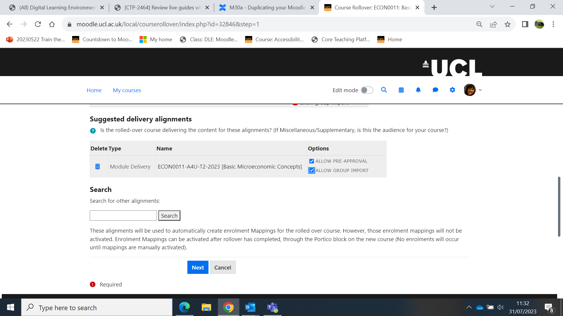 Screen shot of suggest delivery alignments section
