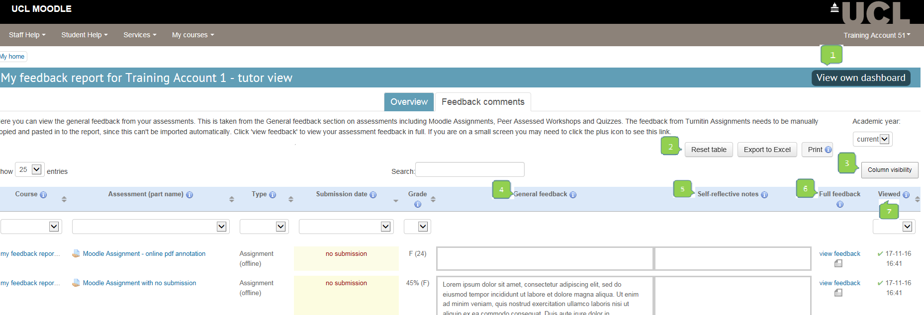Feedback comments tab showing assessments, grades and feedback