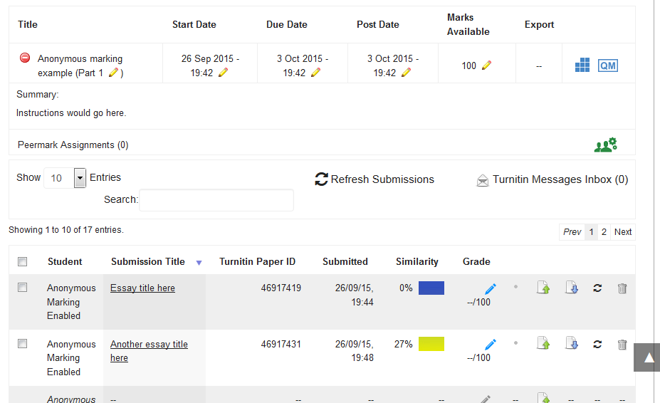 screenshot example of inbox including assignment title, start date, due date, post date, marks available nad export and peermark assignments results including a column for student submission title turnitin paper id, date submitted, similarity percentage and grade