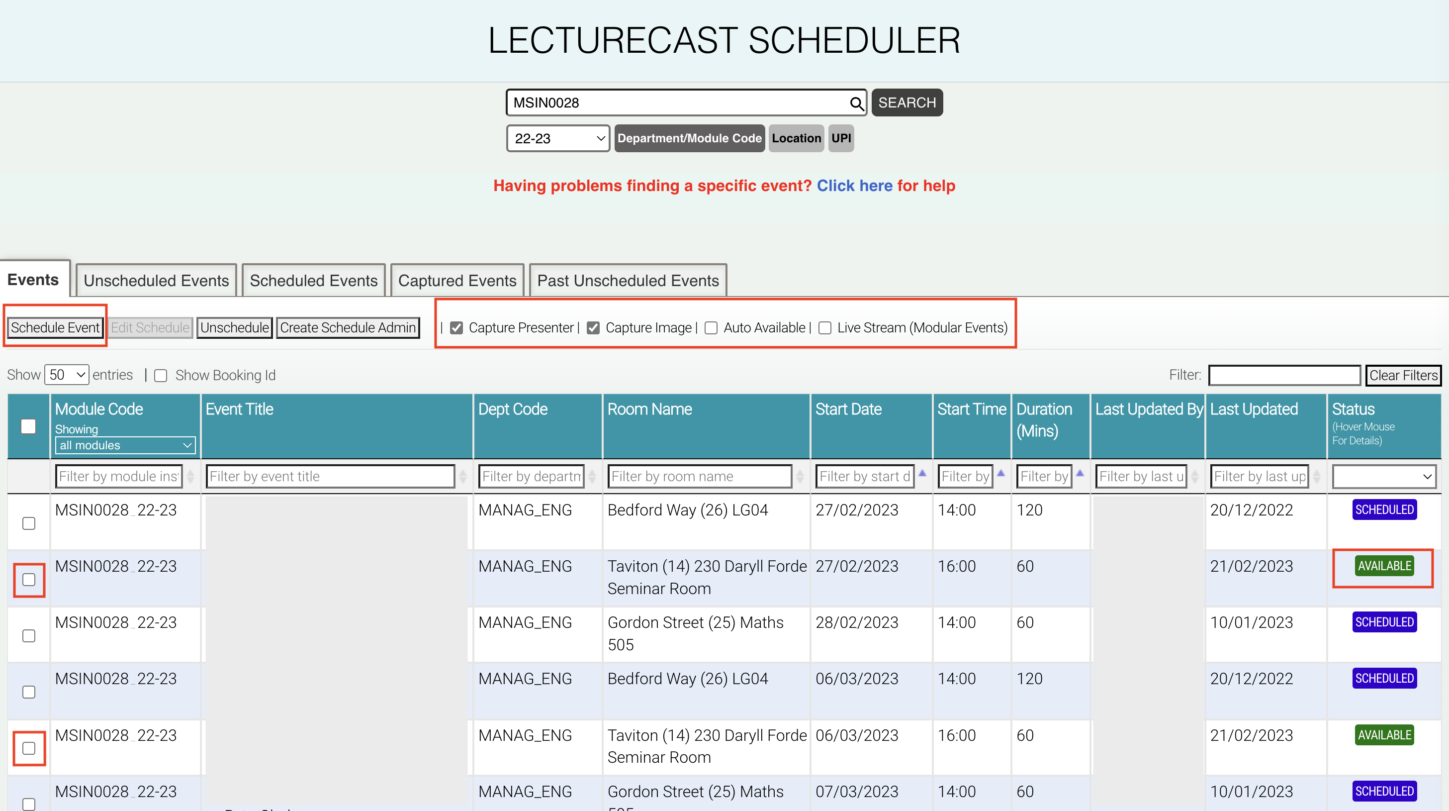 Screenshot of Lecturecast Scheduler with the capture options, Event checkboxes and Schedule Event button highlighted