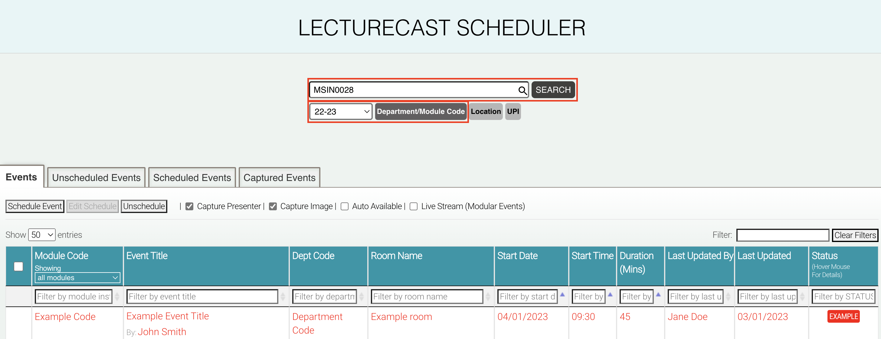 Screenshot of the Lecturecast Scheduler home page with the search bar and search options highlighted 