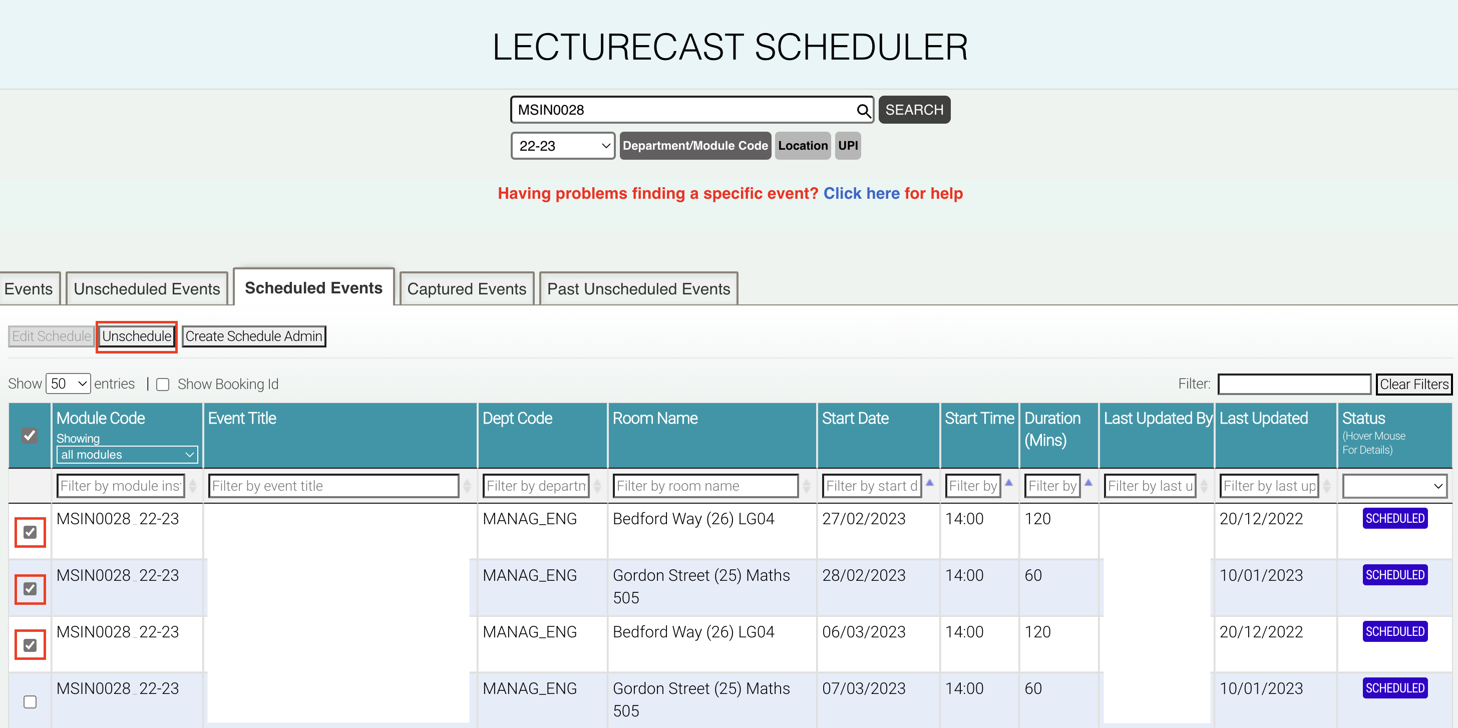 A screenshot of the Lecturecast Scheduler page with the 'Unschdedule' button and the event checkboxes highlighted. 