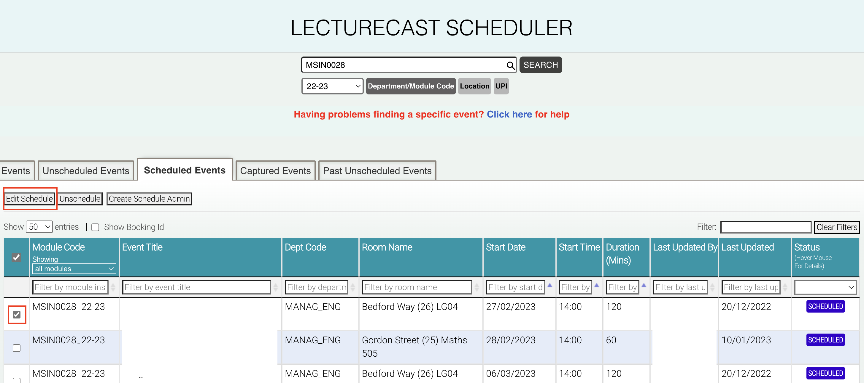 A screenshot of the Lecturecast Scheduler page with the 'Edit Schedule' button and a event checkbox highlighted.