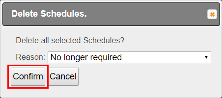 A screenshot of the 'Delete Schedules' pop-up window withe the confir